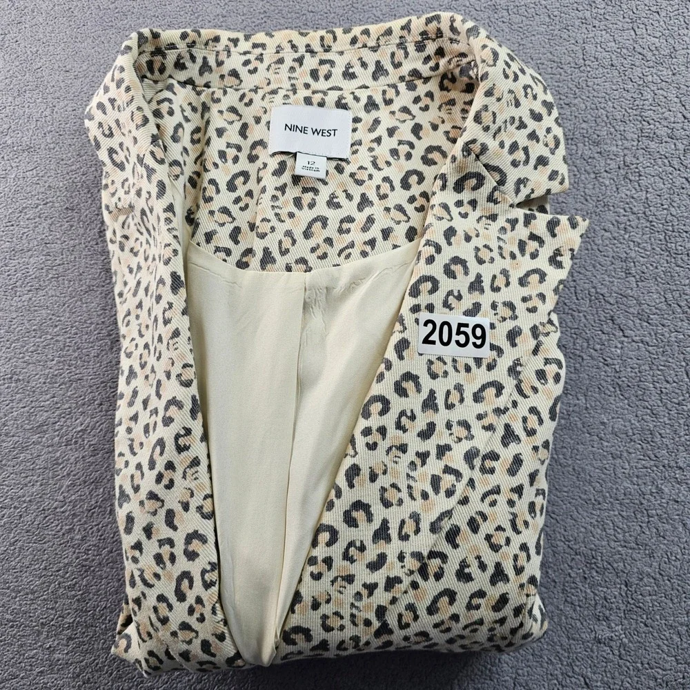 Nine West Blazer Jacket Women's 12 Beige‎ Black Leopard Print Formal Notch Lapel